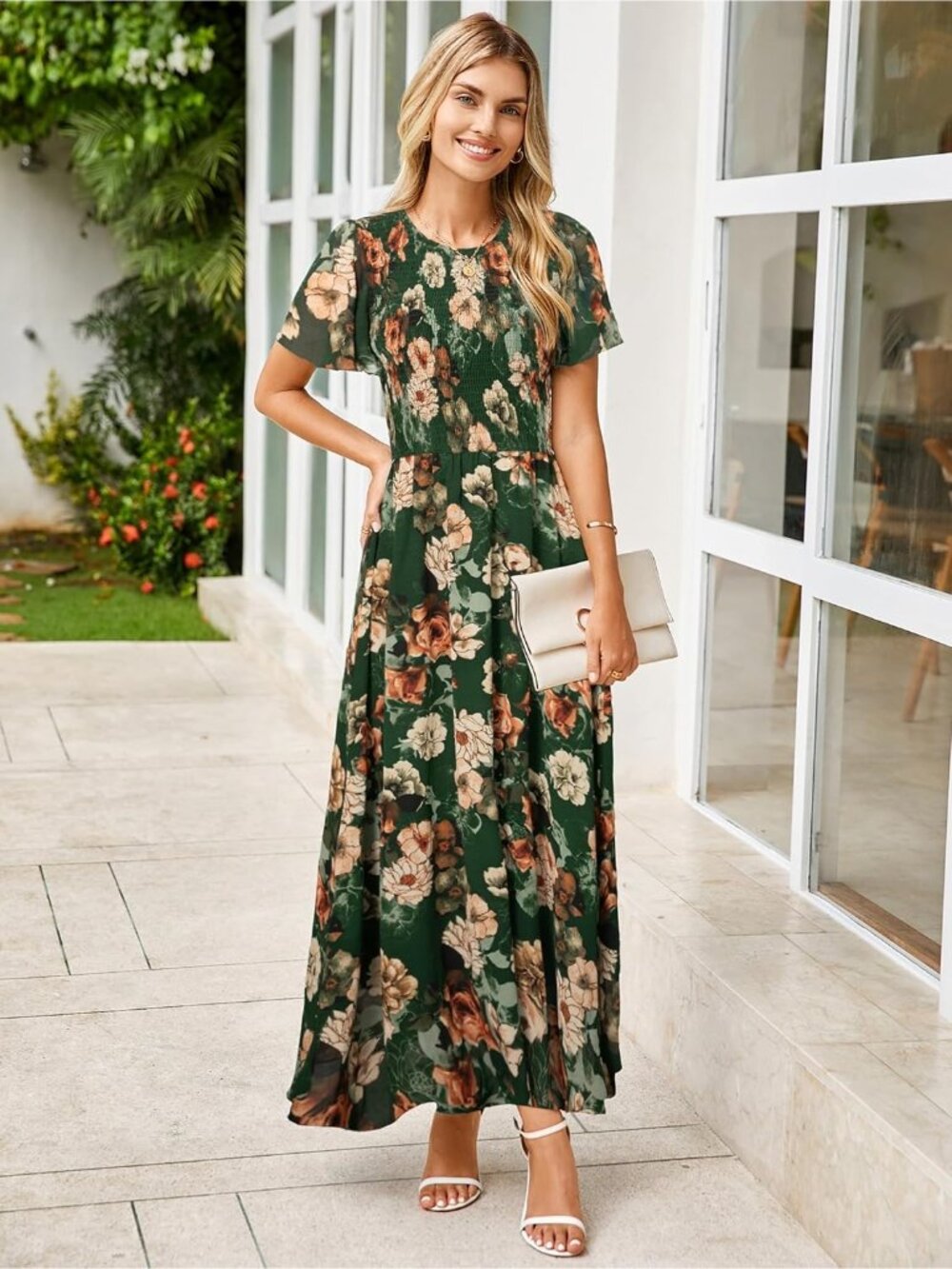 Womens Floral Green Crew Neck Floral Boho Flowy Short Sleeve Cocktail Maxi Dress - Picture 4 of 5
